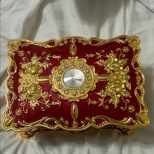 Ornate Red and Gold Jeweled Decorative Trinket Box
